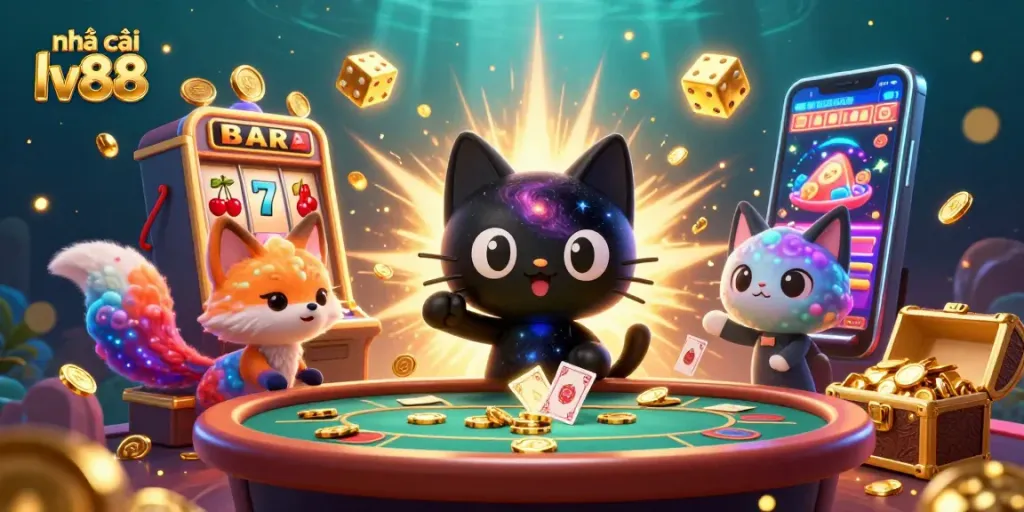 Engage with nhà cái lv88's vibrant casino experience featuring a cosmic cat and nebula fox.