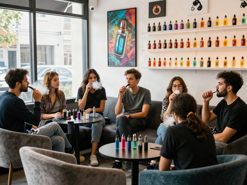 Youthful gathering at a stylish vape lounge exploring what is the difference between nic salts and freebase e-liquids.
