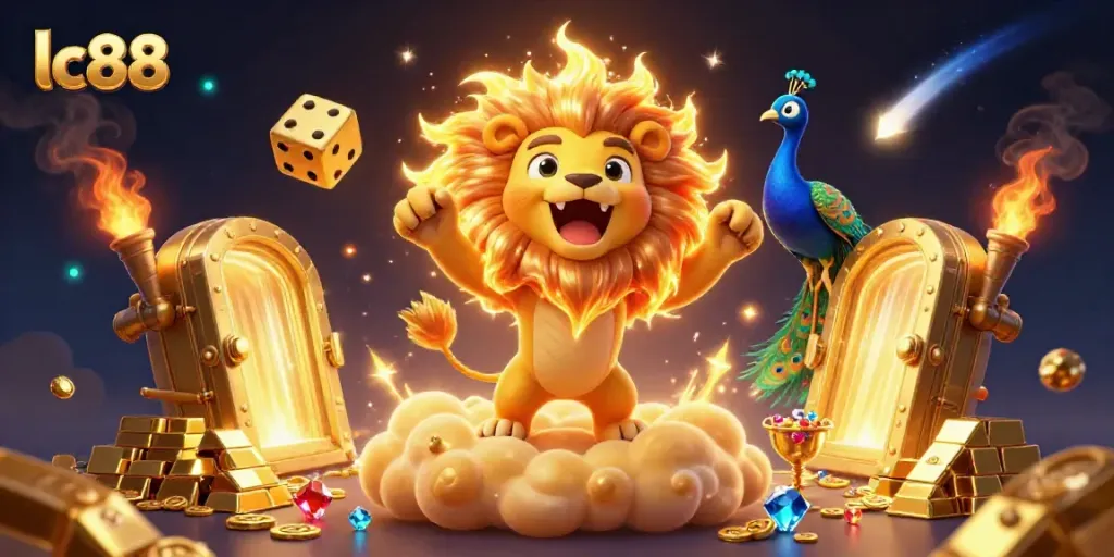 Experience epic wins with lc88 as a golden lion roars on dazzling treasures and cosmic elements.