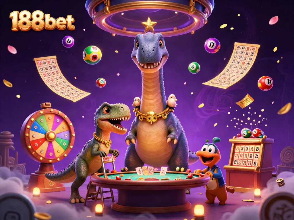 Engage with 188 bet and enjoy a lively casino scene featuring a towering dinosaur and playful elements.