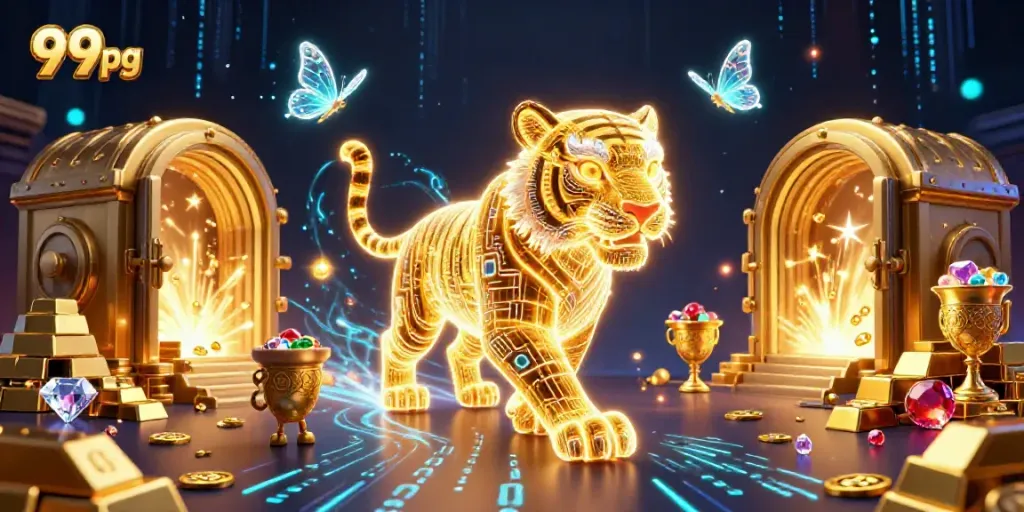 Engage with 99pg's vibrant casino world featuring a glowing golden tiger and treasures.