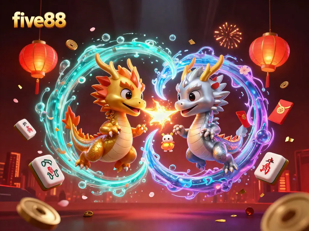 Engage with five88's thrilling casino atmosphere featuring intertwined dragons and festive game elements.