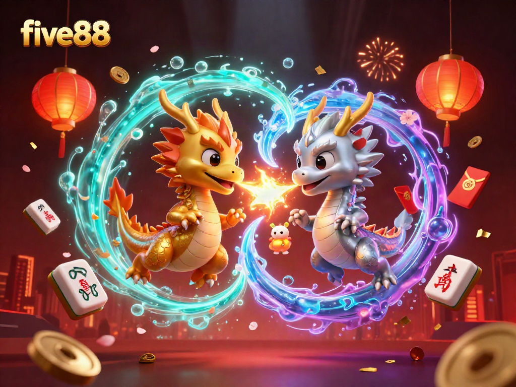Engage with five88's thrilling casino atmosphere featuring intertwined dragons and festive game elements.