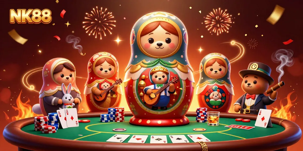 Experience the thrill of NK88 with a vibrant casino scene featuring playful characters and poker elements.