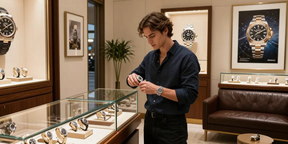 Discovering Rolex super clone watches in an elegant boutique, showcasing high-end replicas and exquisite details.