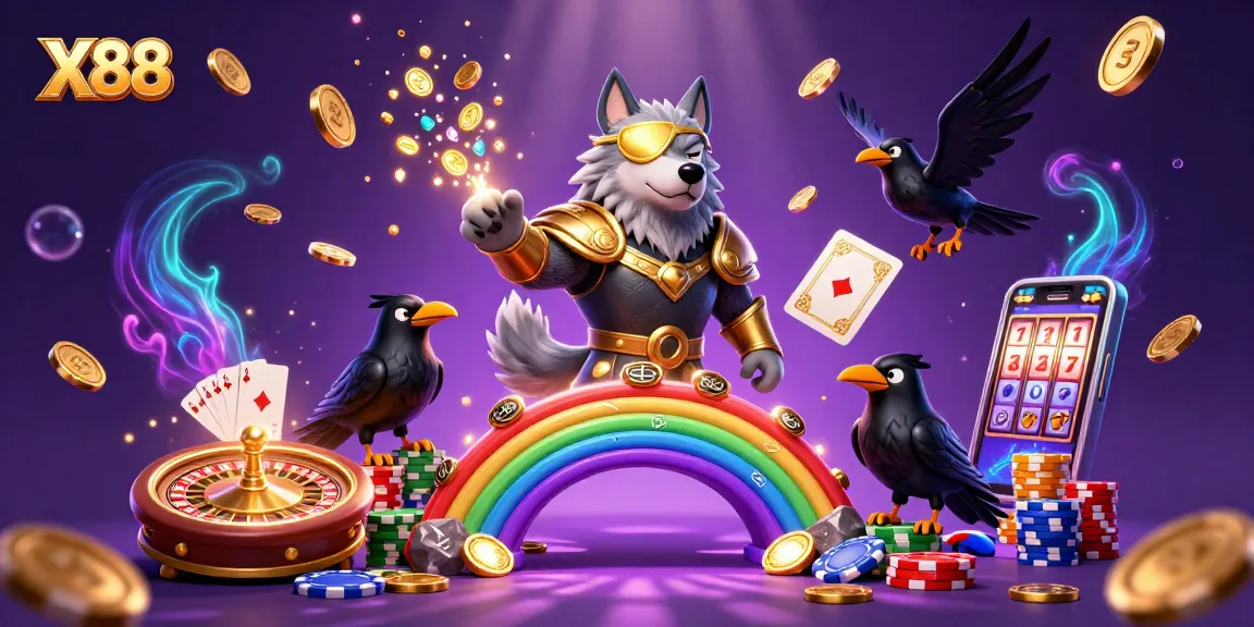 X88 players spin the roulette wheel and revel in a vibrant casino atmosphere filled with golden coins and treasures.