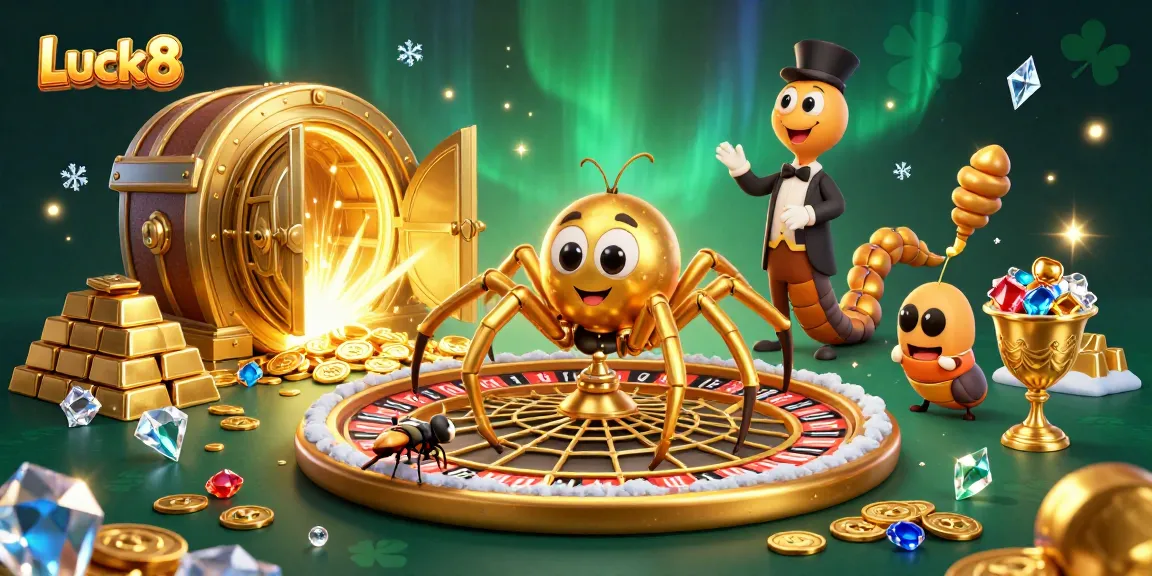 Luck8 spins the bet at a roulette wheel, surrounded by treasure and gems in an engaging casino scene.
