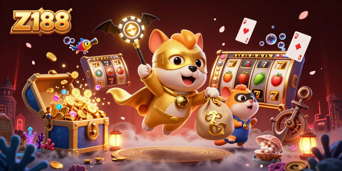 Z188 casino illustration with a superhero dog, slot reels, and energetic gaming elements.