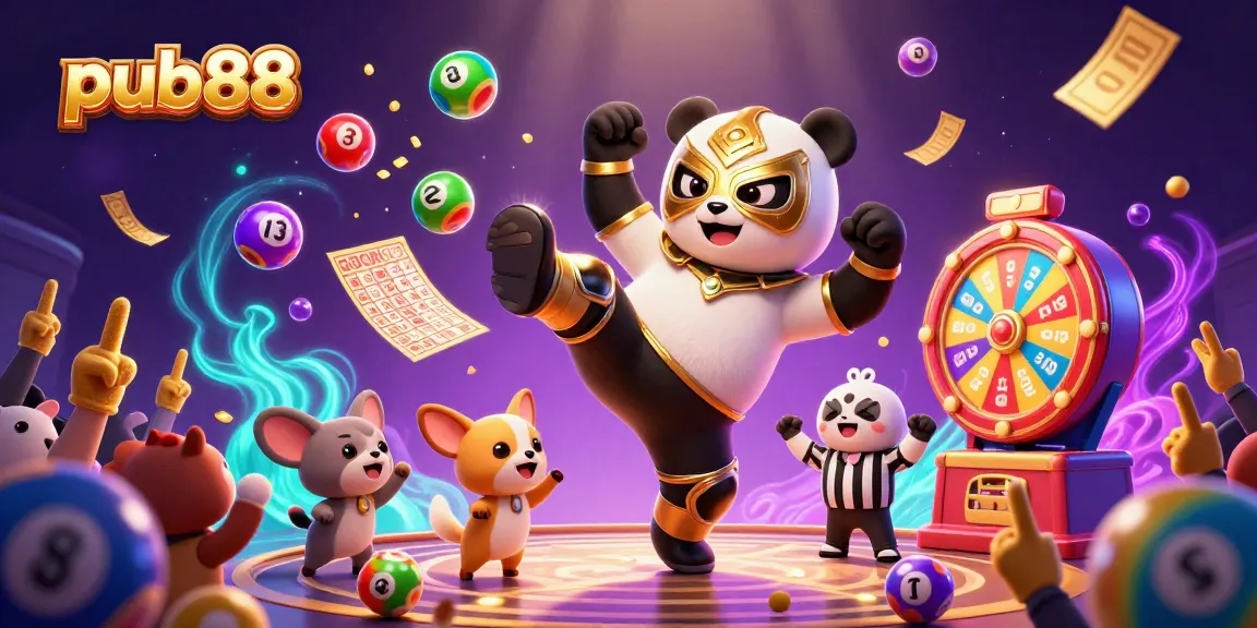 Experience excitement at pub88 with a cartoon panda wrestler, lively lottery balls, and thrilling gaming atmosphere.