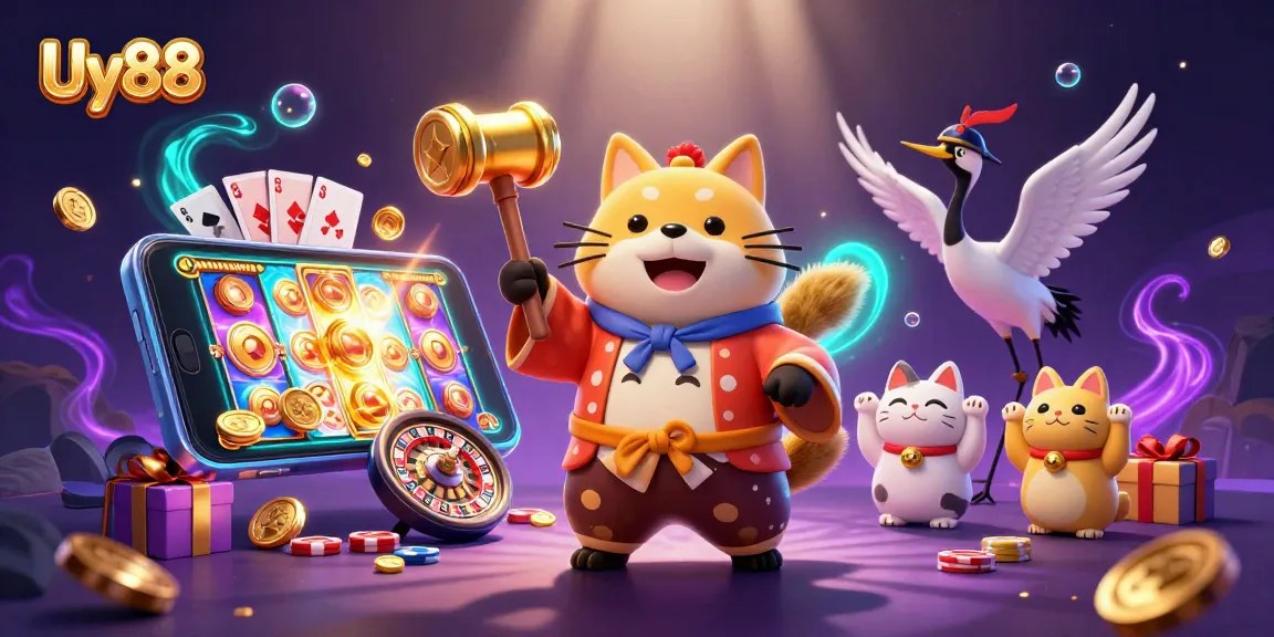 Uy88 features a cheerful tanuki and crane celebrating gambling wins amid vibrant casino elements.