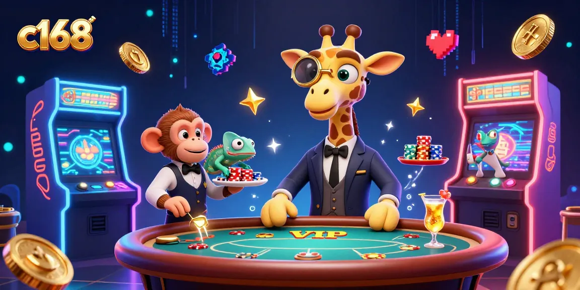Experience thrilling wins at C168 with an entertaining scene featuring a high-roller giraffe, monkey valet, and chameleon bartender.