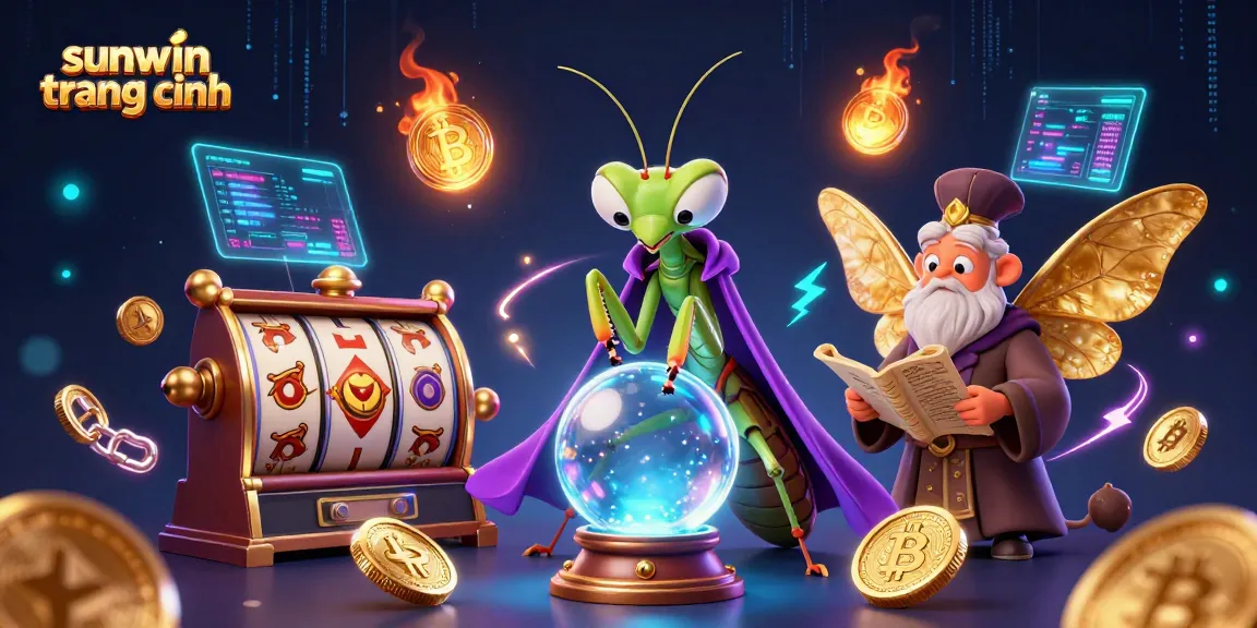 Win big with sunwin trang chính at this dazzling casino-themed digital artwork showcasing slot reels and crypto coins.
