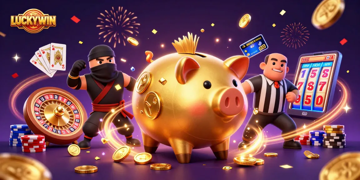 LUCKYWIN captures the excitement of gaming with a golden piggy bank sumo wrestler surrounded by coins.