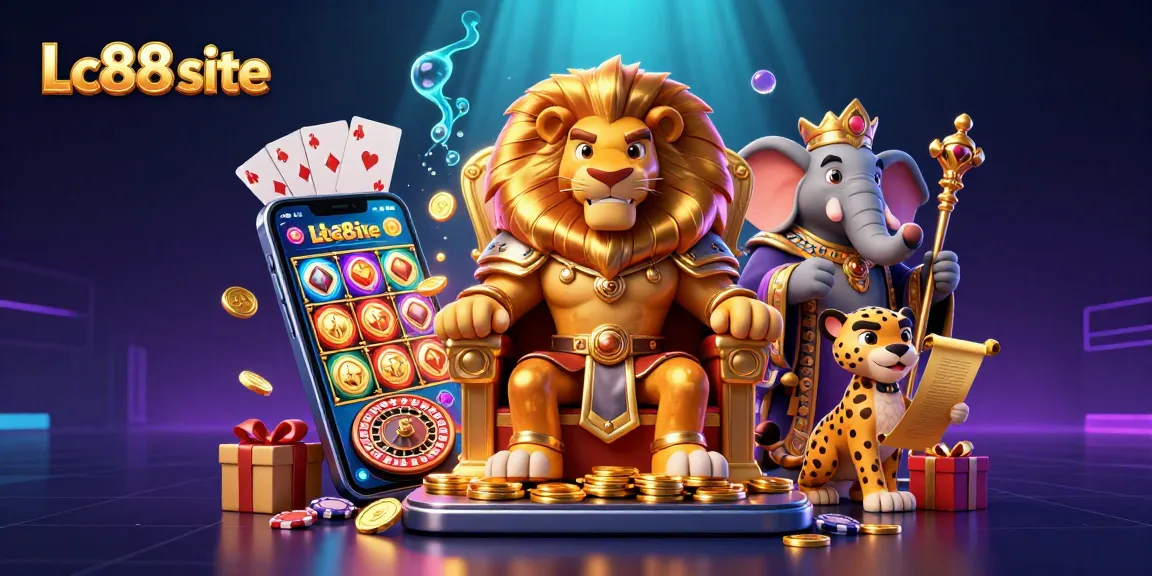 Experience the vibrant gaming world of Lc88 site with a lion king and dynamic characters in an exciting casino scene.