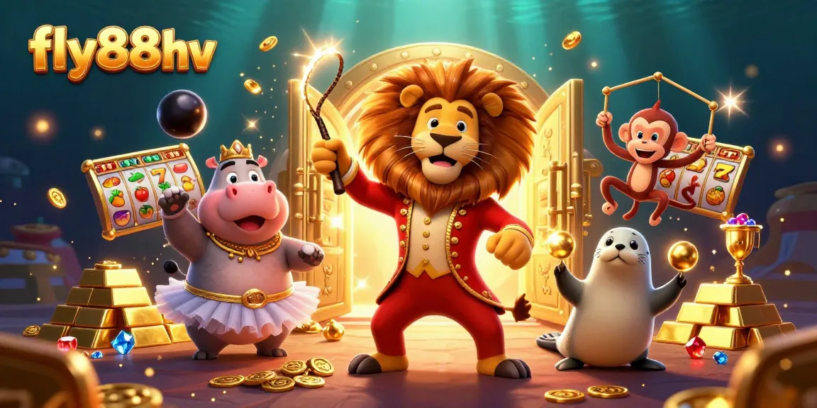 Bet big with fly88hv as cartoon characters celebrate jackpots and treasures in a vibrant casino scene.