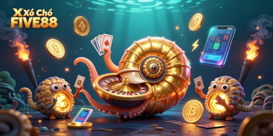 Engage in thrilling gameplay with Xổ Số FIVE88, featuring a vibrant underwater scene of a nautilus and crypto coins.