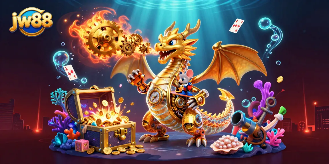 Experience excitement and winning potential at jw88 with vibrant illustrations of casino games and treasures.