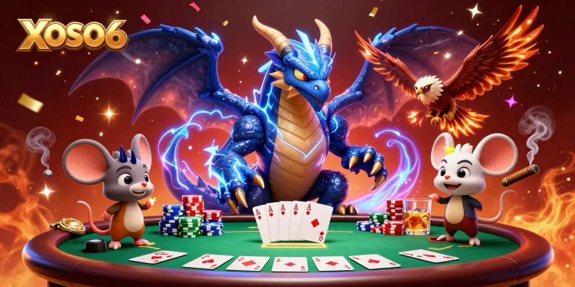 XOSO66 powers up players with a thunder dragon and poker elements igniting the excitement of betting.