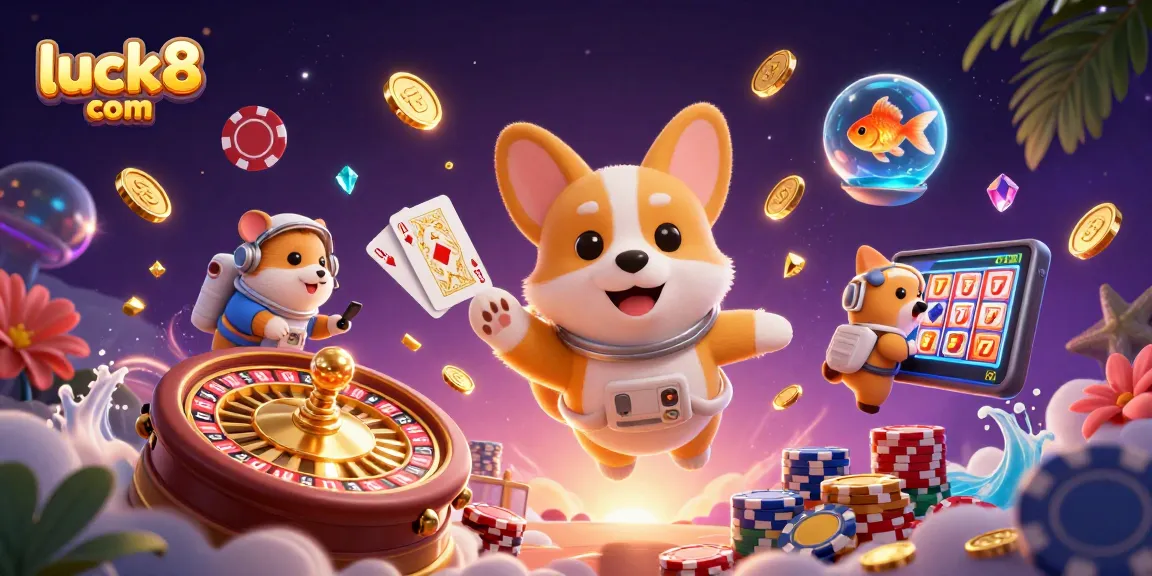 Experience luck8 com with animated corgi in a casino, surrounded by coins, chips, and games.