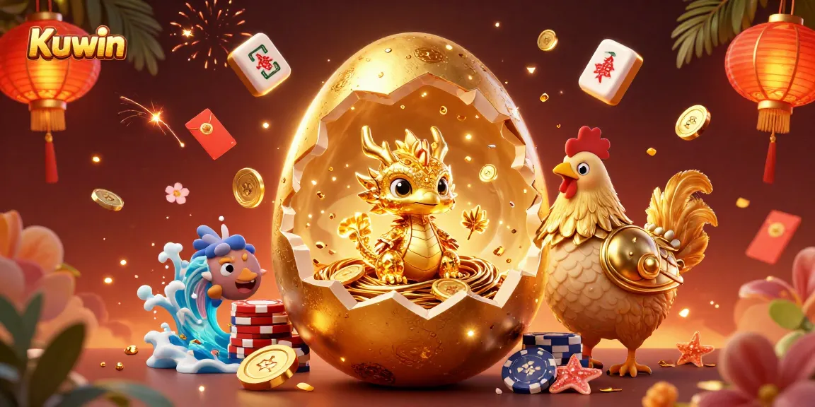 Kuwin showcases a golden dragon emerging from a nest of poker chips in a vibrant casino setting.