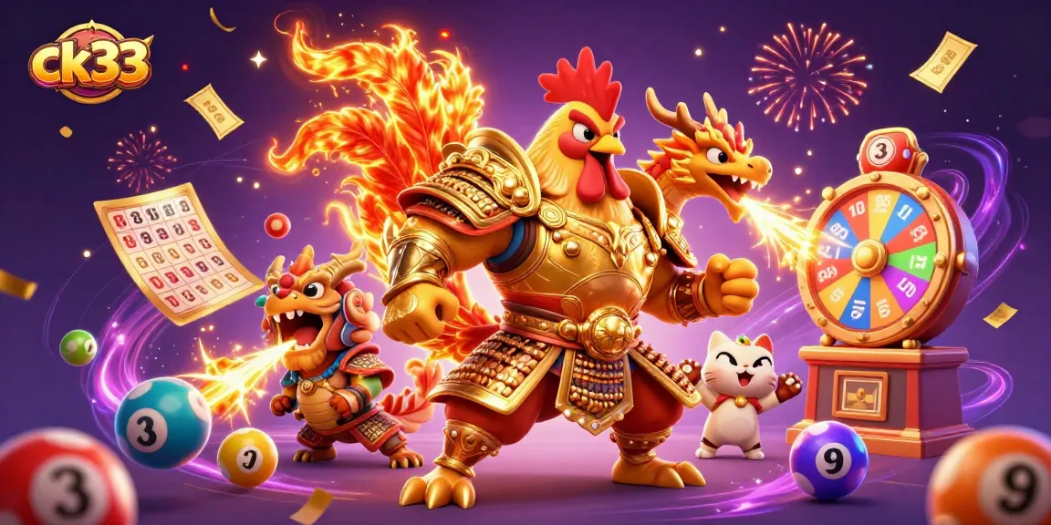 Engage in thrilling ck33 casino adventures with a fighting rooster and a dragon amid colorful gaming elements.