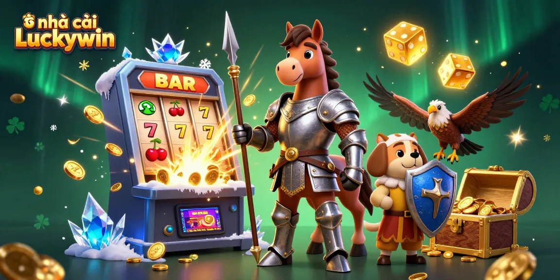 Spin the reels at nhà cái Luckywin in this vibrant 3D casino scene featuring action-packed gaming elements.