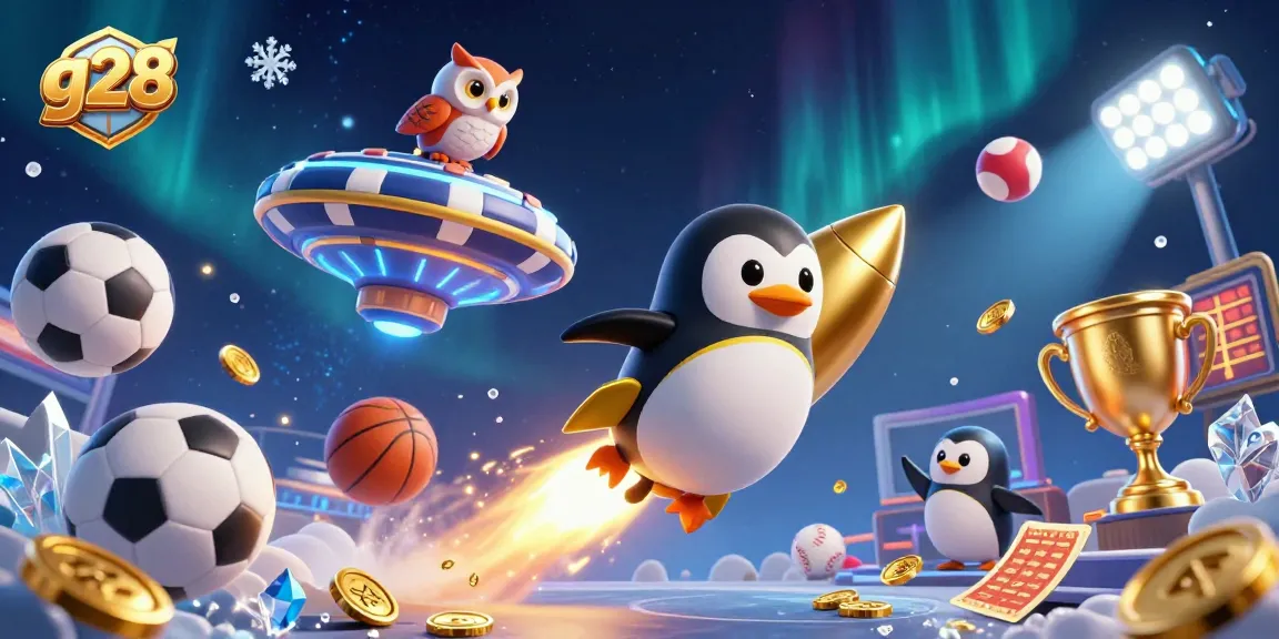 Experience the thrill of g28 with a dynamic casino scene featuring a golden penguin and vibrant sports elements.