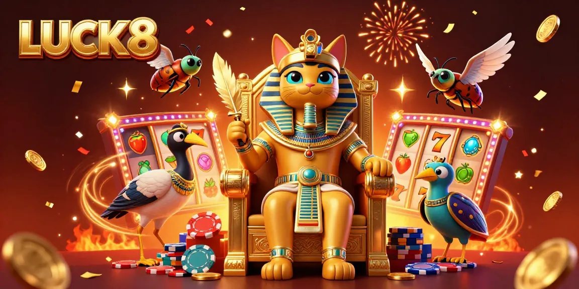 Experience high-stakes excitement with LUCK8 in this vibrant casino-themed illustration featuring a pharaoh cat and magical elements.