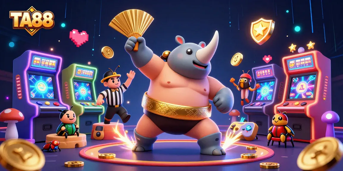 TA88 casino scene with a rhinoceros beetle champion and sparkling coins flying during an epic game.