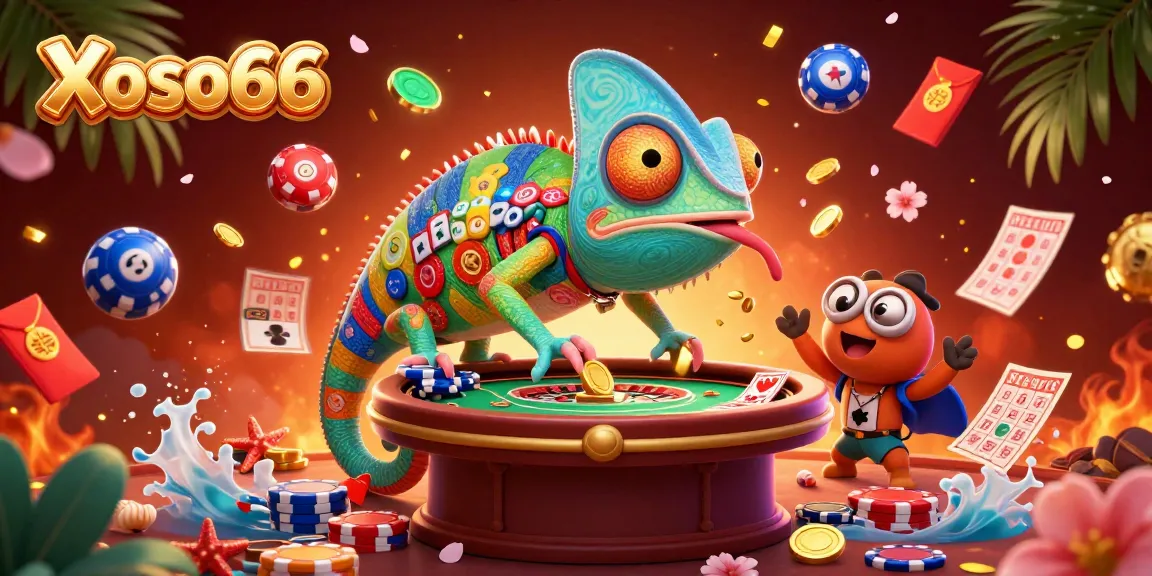 Xoso66 lottery winner celebrating amidst colorful graphics and symbols of fortune.