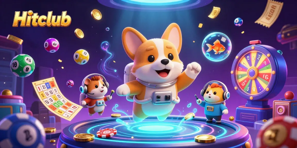 Engage in the vibrant world of Hitclub, featuring cartoon characters and dynamic casino elements floating in a colorful, zero-gravity scene.