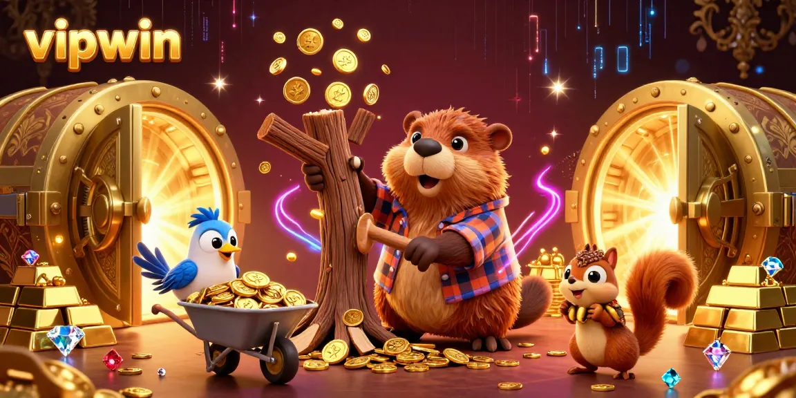 Win big with vipwin in a lively casino scene filled with treasures, golden coins, and animated characters.