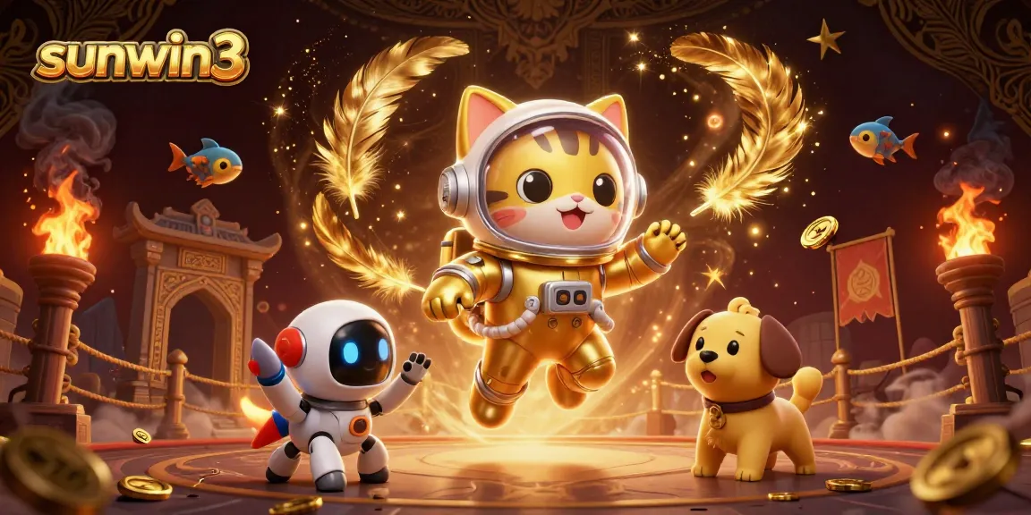 Engage the excitement of sunwin3 with a dynamic illustration of a space cat and robot, amidst a casino scene.