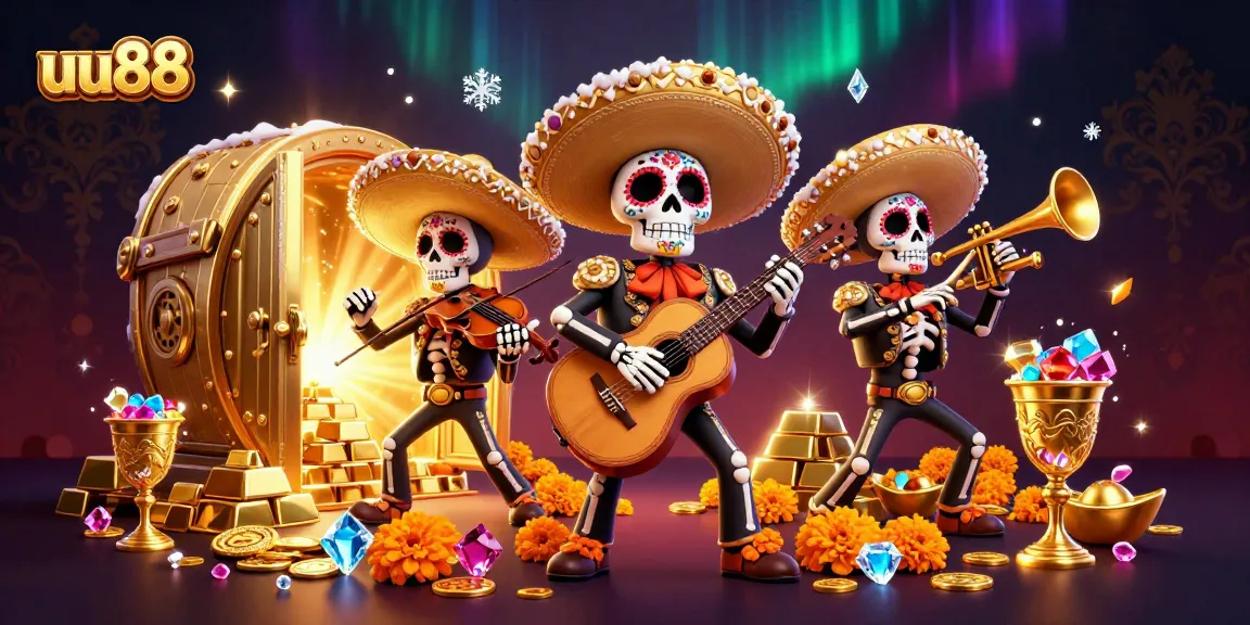 uu88 players enjoy vibrant winnings surrounded by treasure and festive mariachi