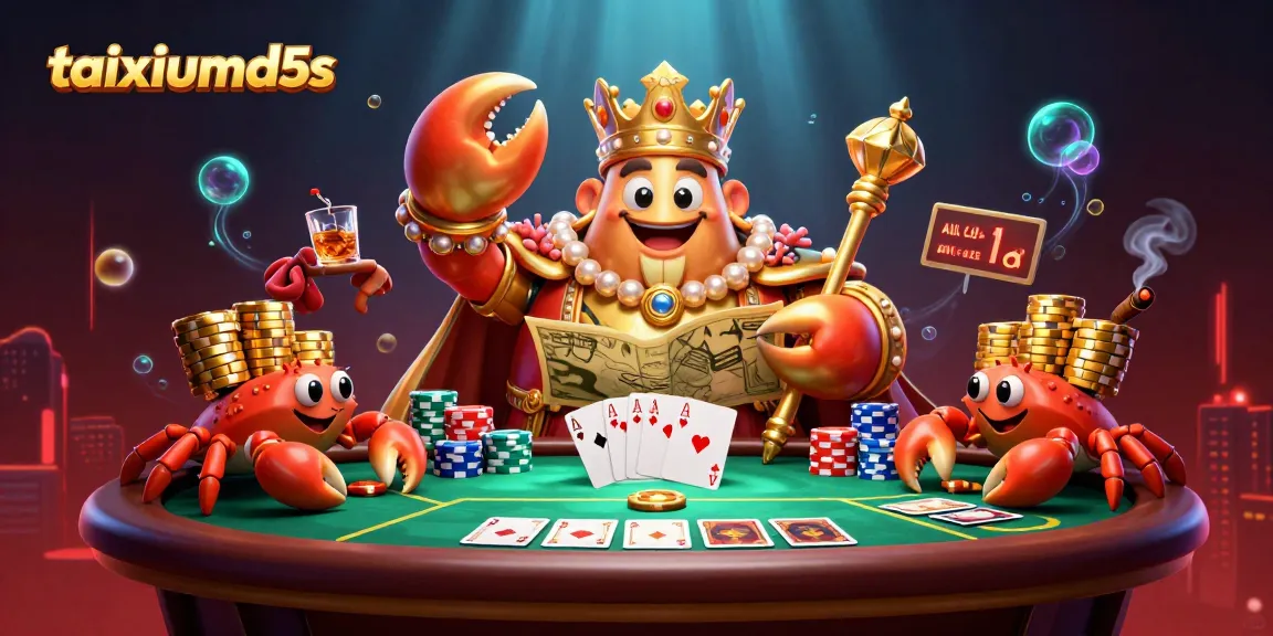 Engage with taixiumd5s featuring a golden crab emperor amidst a lively poker scene, showcasing strategy and excitement.