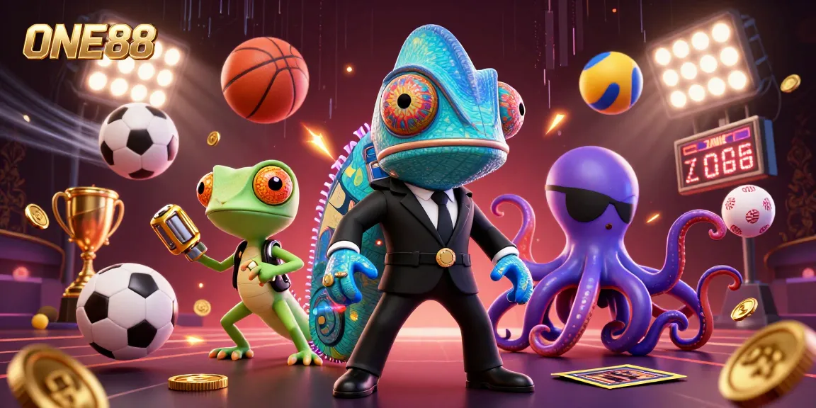 Betting strategies come alive at ONE88, featuring a colorful group of animated casino characters in action.