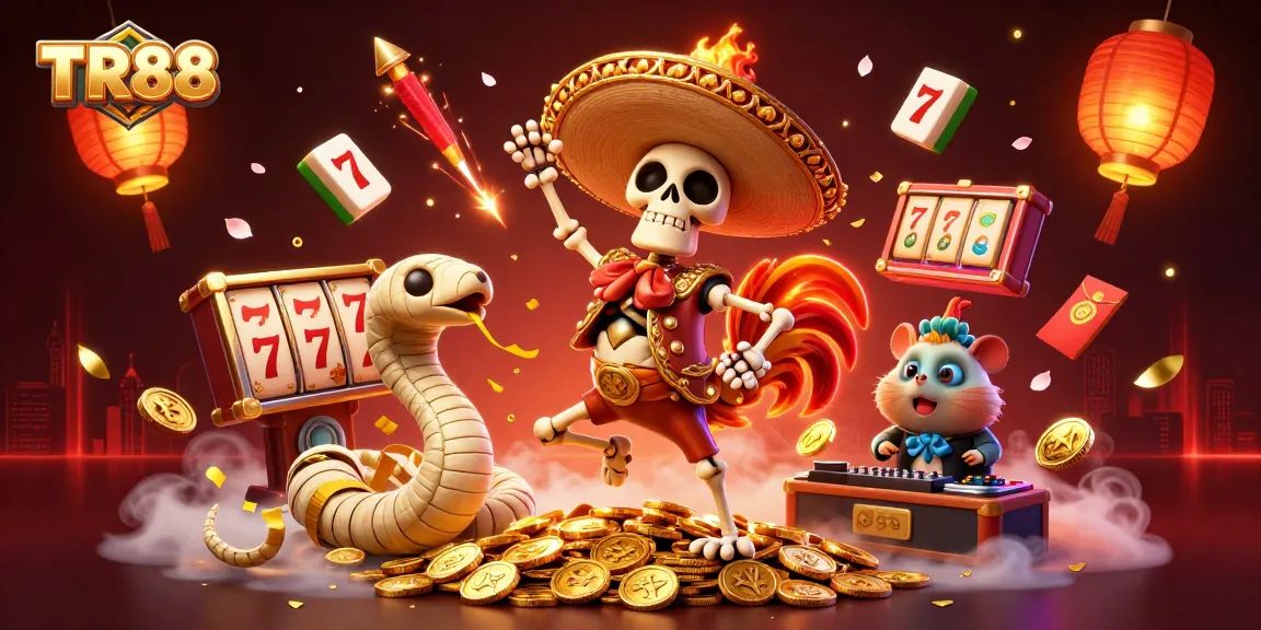 Engage with TR88's thrilling casino experience featuring a dynamic 3D colorful illustration.