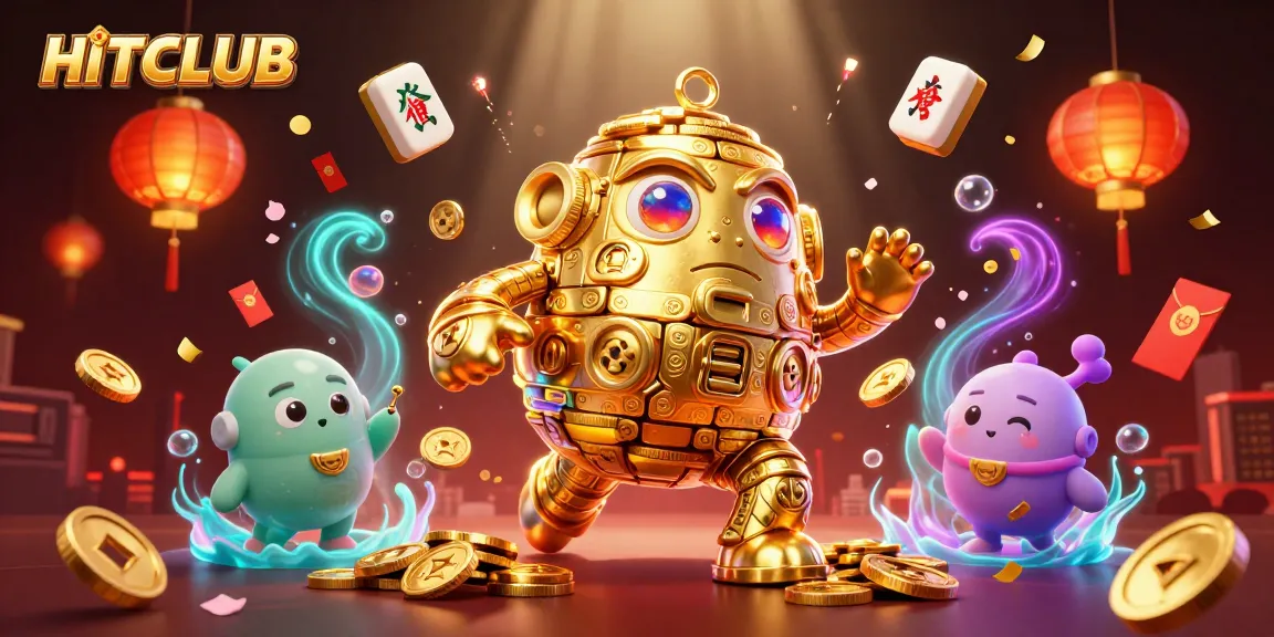 Experience the lively world of HITCLUB with the animated golden golem surrounded by casino symbols and festive elements.