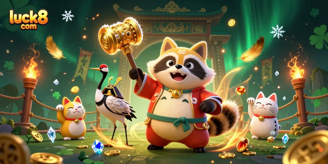 Engage with luck8 com with a vibrant 3D illustration showcasing a joyful raccoon dog symbolizing luck in a colorful casino setting.