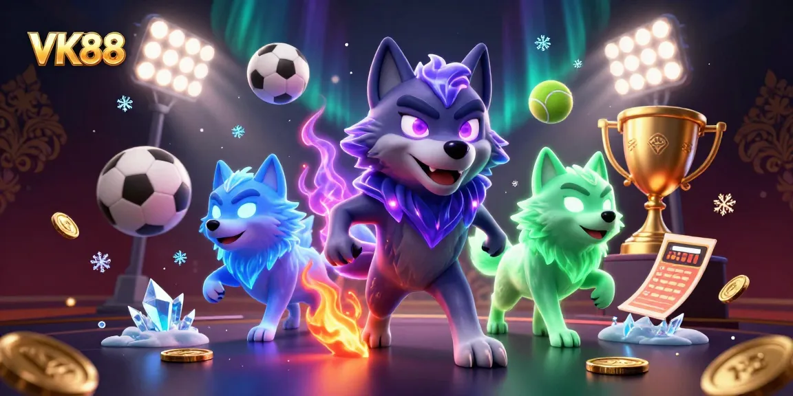VK88 brings excitement with spectral wolves and dynamic sports betting elements in 3D art.