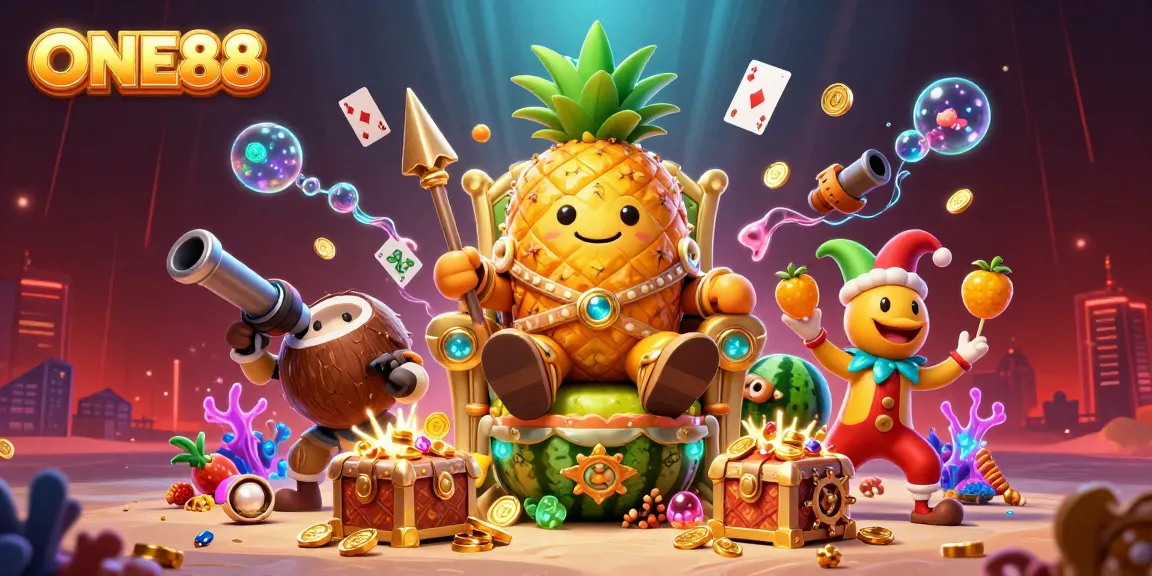 Engage with the vibrant ONE88 beach casino scene featuring colorful characters and dynamic gambling elements.