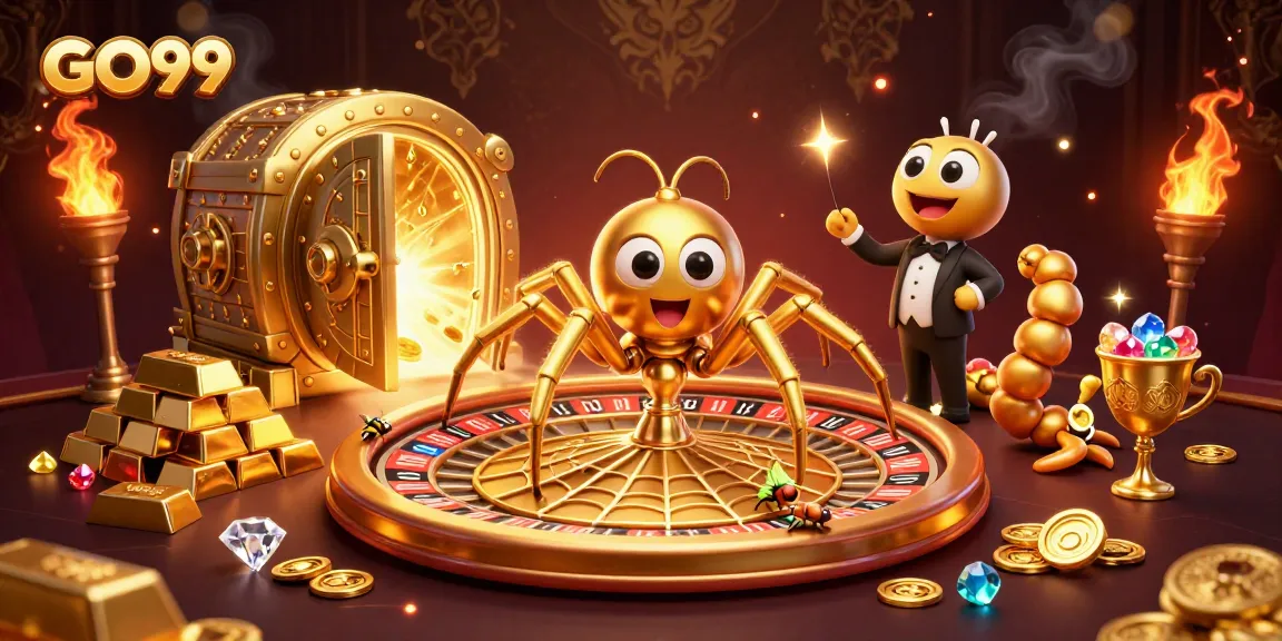 Engage in thrilling gameplay at GO99 with a cartoon spider betting at a roulette wheel.