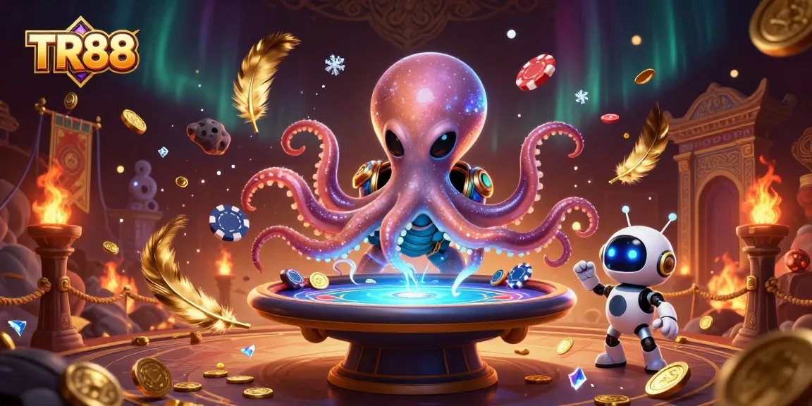 Engage in thrilling gameplay with TR88, as an alien octopus deals cards at a holographic poker table.