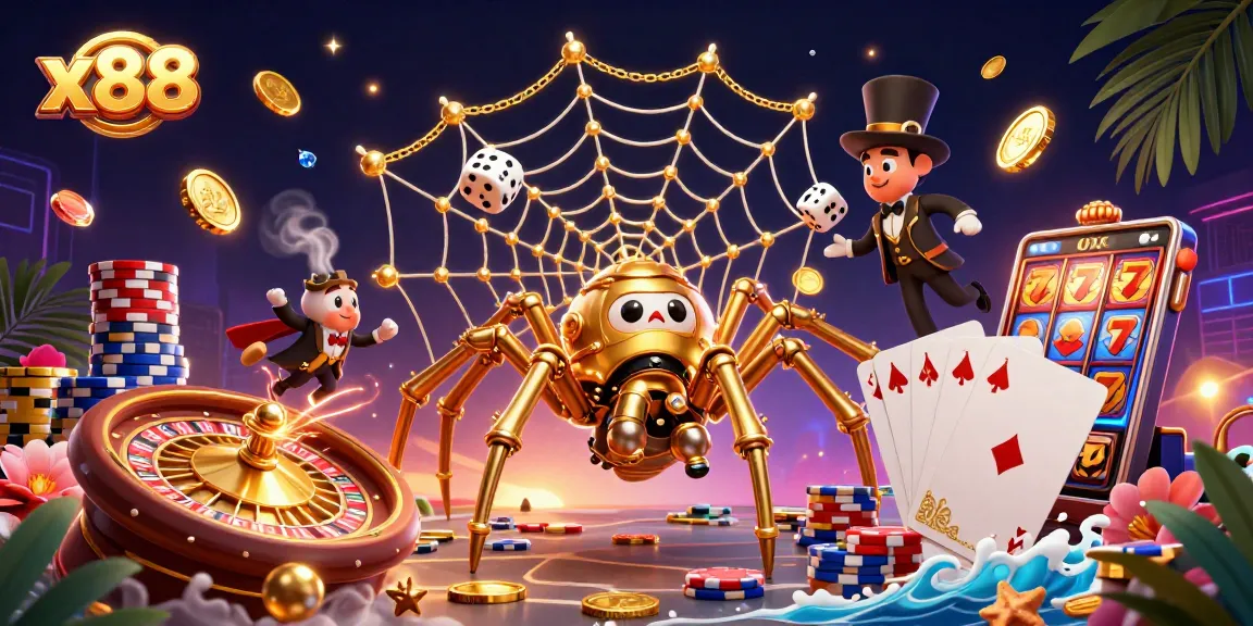 x88 captivates players with a dynamic 3D illustration showcasing a steampunk spider and golden casino elements.