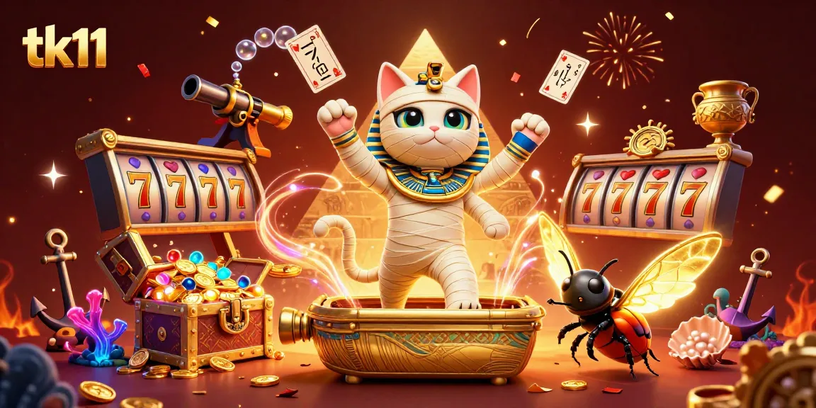 Experience adventure with TK11's Egyptian-themed casino, featuring a mummy cat and glowing treasures.