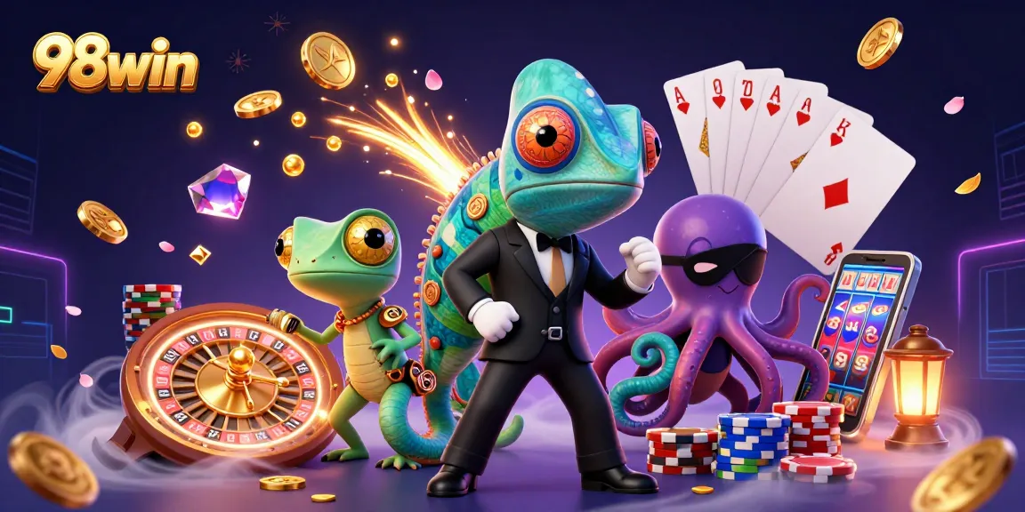 Experience exciting gambling action at 98win with vibrant visuals of colorful characters and casino elements.