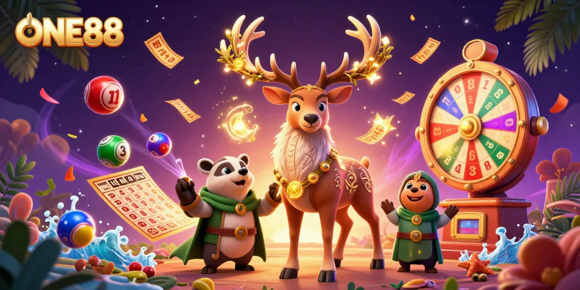 Engage with ONE88's vibrant lottery scene featuring animated characters and dynamic game elements.