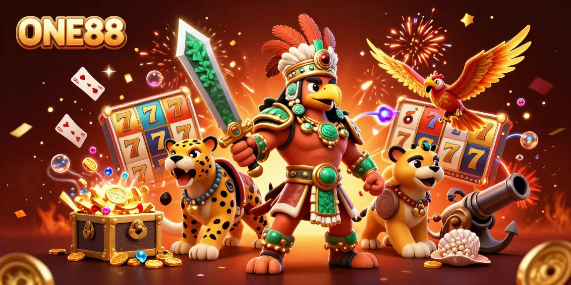Experience excitement at ONE88 with Aztec warriors and vibrant slot elements in this stunning illustration.