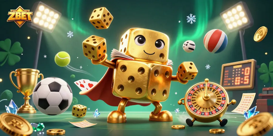 ZBET offers thrilling betting experiences highlighted by a golden dice golem and dynamic sports elements.