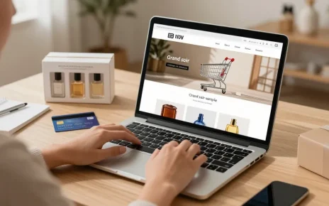 A vibrant scene of online shopping featuring a grand soir sample among premium perfume options on an e-commerce platform.